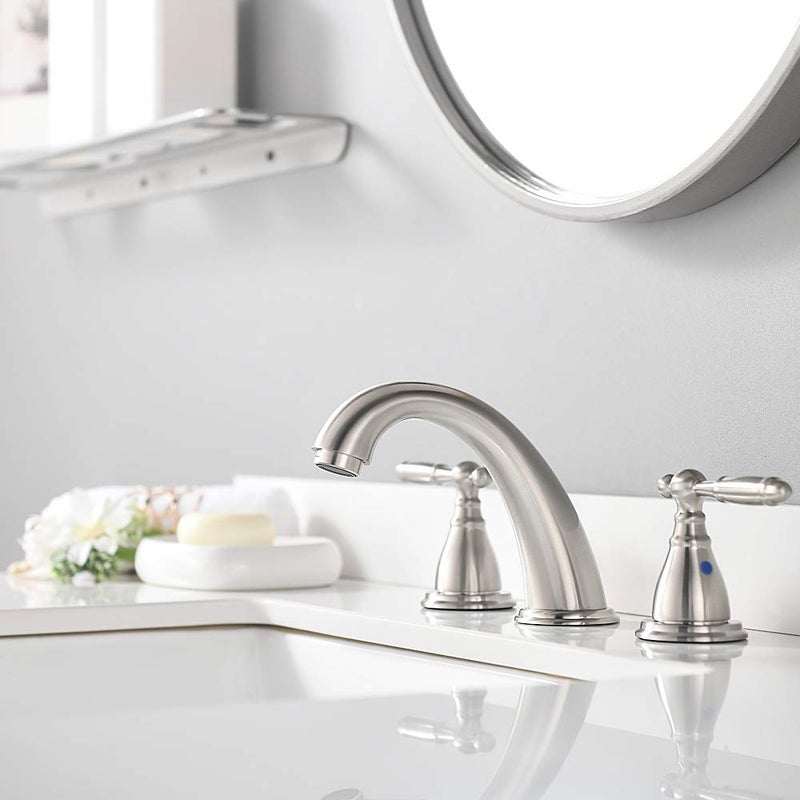 Phiestina 8 Inch 3 Holes Brushed Nickel Low Arc Widespread Bathroom Sink Faucet, 2 Handles Bathroom Faucet with Stainless Steel Pop Up Drain, WF008-4-BN - Image 3